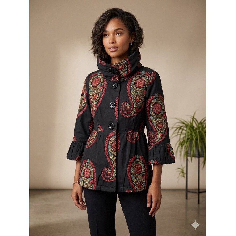 3 Sisters Jacket Black Paisley Tapestry Ruffle Sleeve Boho peplum Art to Wear M